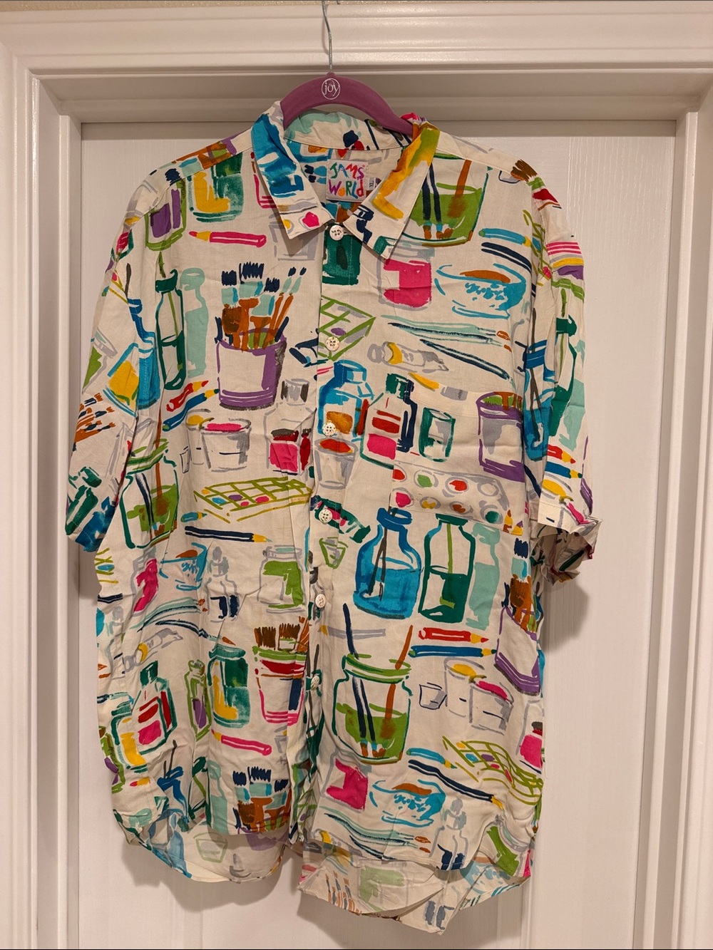 Vintage 90's Jams World Hawaii Abstract Paint Art Rayon Button Up Shirt Size XL